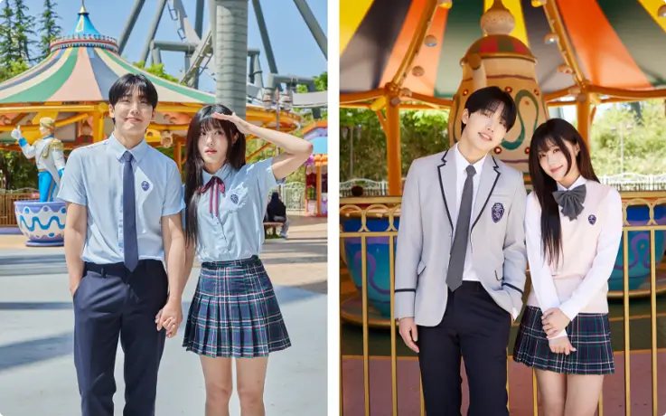 A couple wearing Korean school uniforms at Gyeongju World