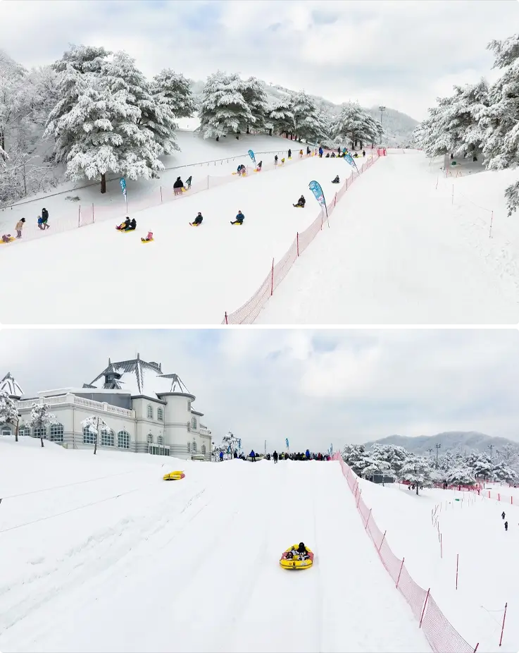 Visitors enjoying snow sledding at Vivaldi Park Snowy Land