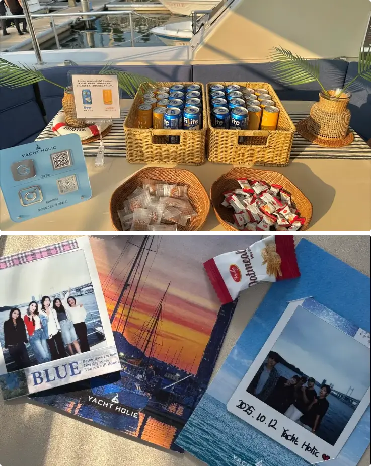 Snacks provided on board on top, polaroid photos taken at the yacht tour in Busan on the bottom