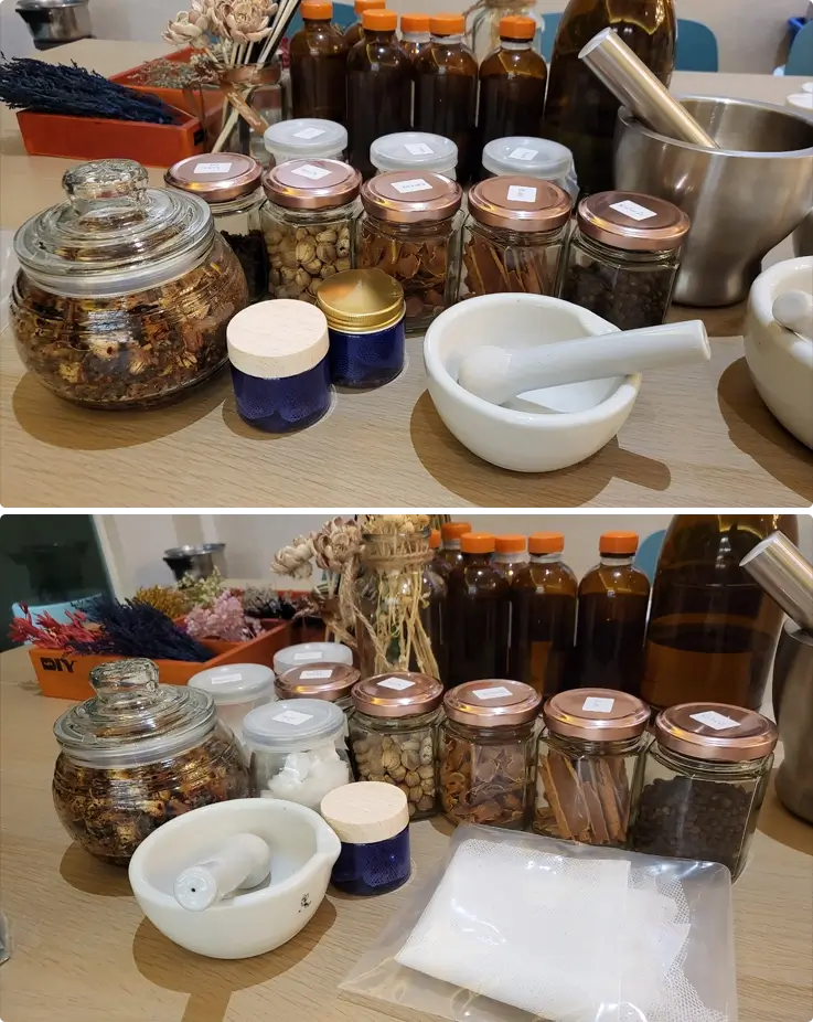 Ingredients of traditional thai herb inhaler at a workshop in Bangkok