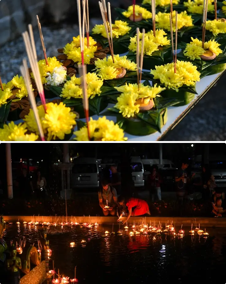 Kratongs lined up on top and visitors floating the krathongs on the bottom