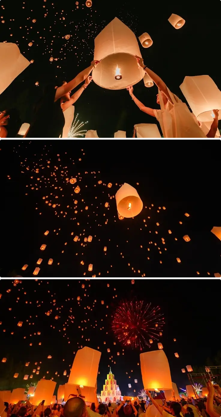 Sky lanterns floating in Chiang Mai's night sky at Yee Peng Lanna Sky Lantern Festival
