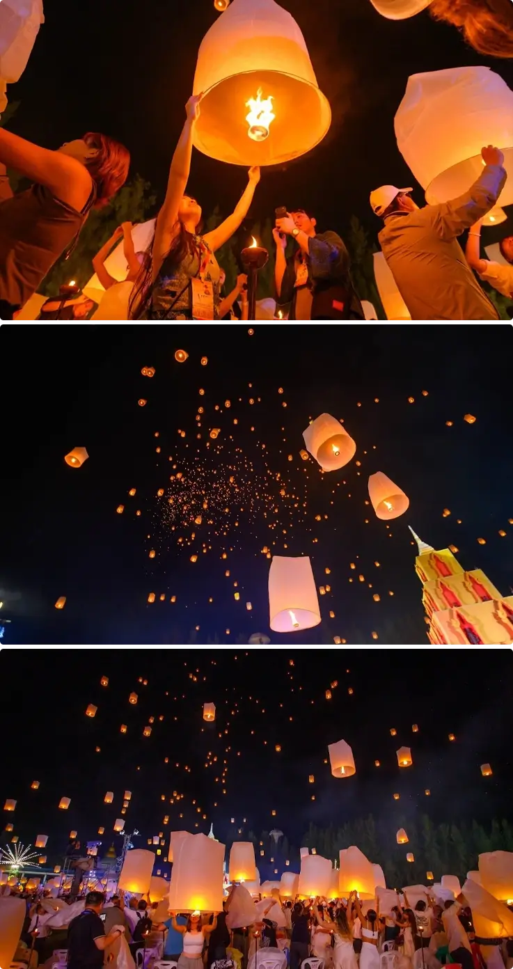 Sky lanterns floating in Chiang Mai's night sky at Yee Peng Lanna Sky Lantern Festival