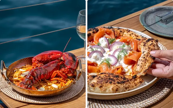 Lobster on the left and pizza on the right served at Yona Beach Club Phuket