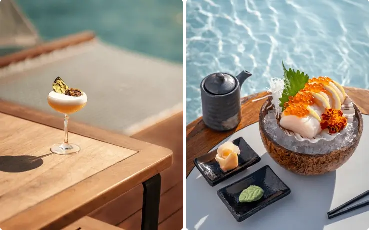 Cocktail on the left and seafood dish on the right served at Yona Beach Club Phuket