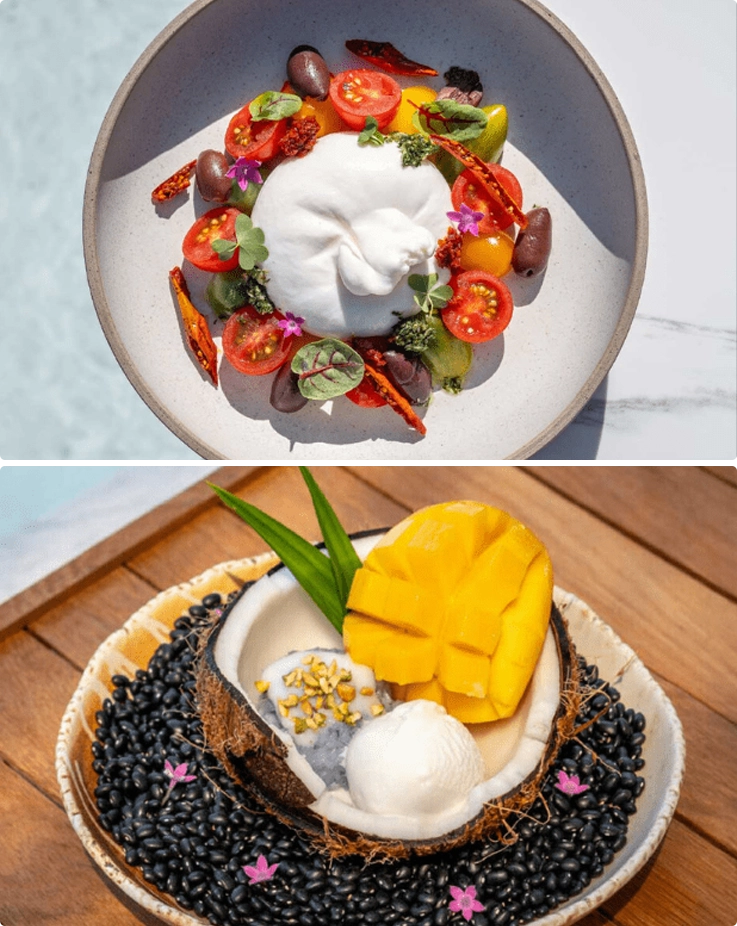 Buratta salad on top and mango dessert on the bottom served at Yona Beach Club Phuket