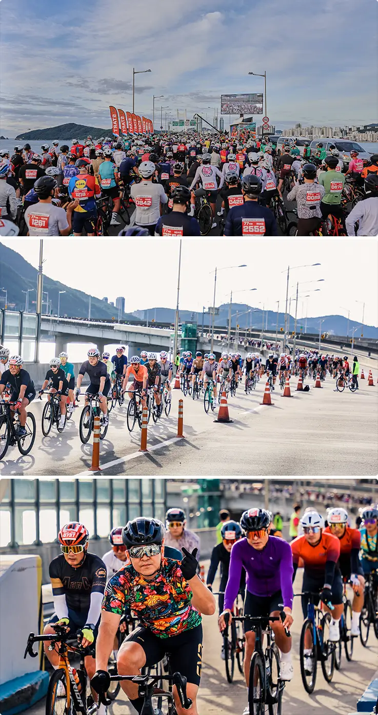 Thousands of cyclists gather at the starting line before crossing Busan's coastal bridge.