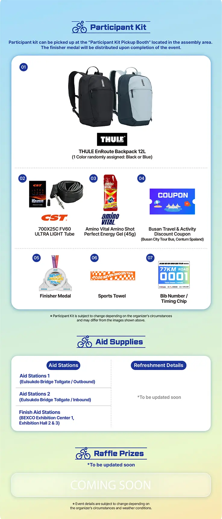 Souvenirs, aid supplies, and raffle prizes of 2026 Busan Seven Bridges Tour
