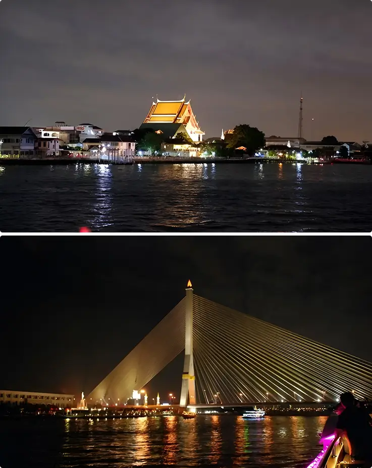 Bangkok's iconic landmarks glowing golden that can be enjoyed on the Grand Pearl Dinner Cruise