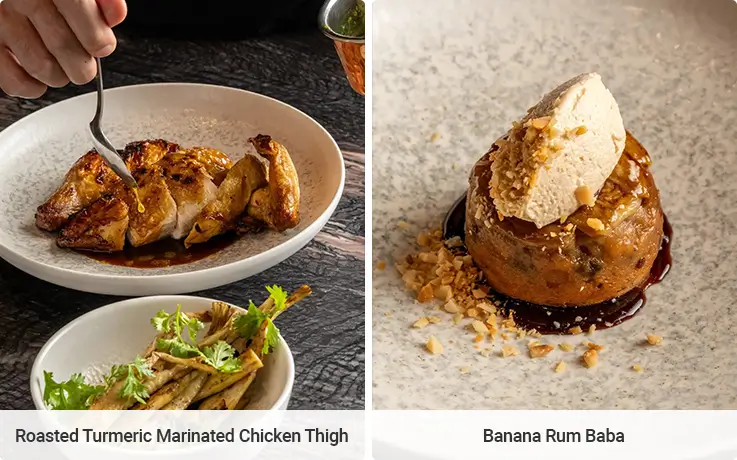 Roasted Turmeric Marinated Chicken Thigh and Banana Rum Baba of Kwann Restaurant at Nysa Hotel Bangkok