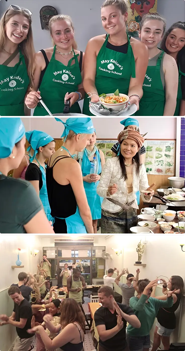 People enjoying cooking class and Thai dance at May Kaidee Cooking School Bangkok