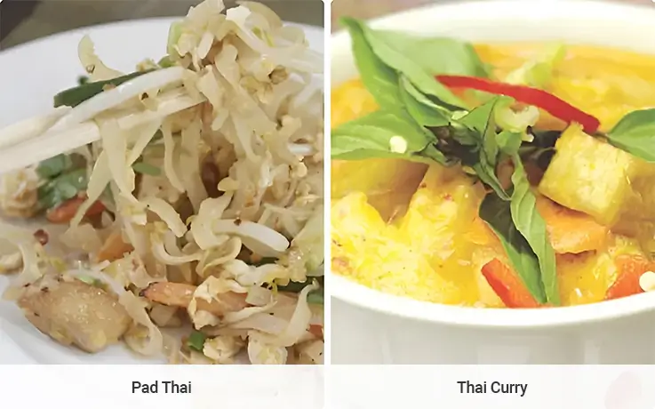 Pad Thai and Thai curry prepared at May Kaidee Thai cooking class in Bangkok