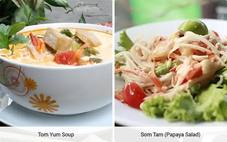 Tom Yum Soup and Som Tam (Papaya Salad) prepared at May Kaidee Thai cooking class in Bangkok