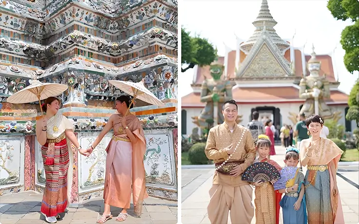 Friends and family enjoying a photoshoot at Wat Arun in Bangkok