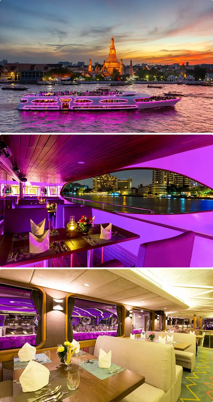 Beautiful exterior and interior of Wonderful Pearl Diner Cruise floating on the Chao Phraya River in Bangkok