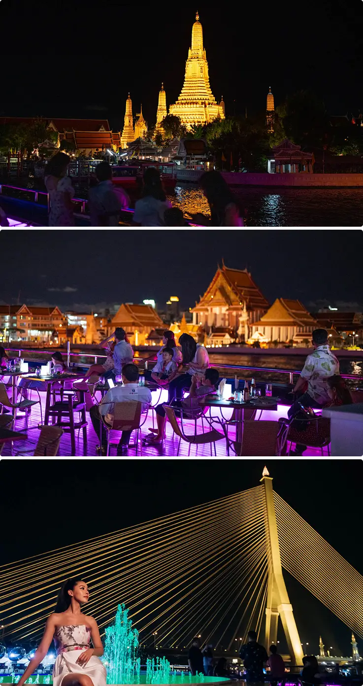 Bangkok's iconic landmarks glowing golden that can be enjoyed on the Wonderful Pearl Dinner Cruise