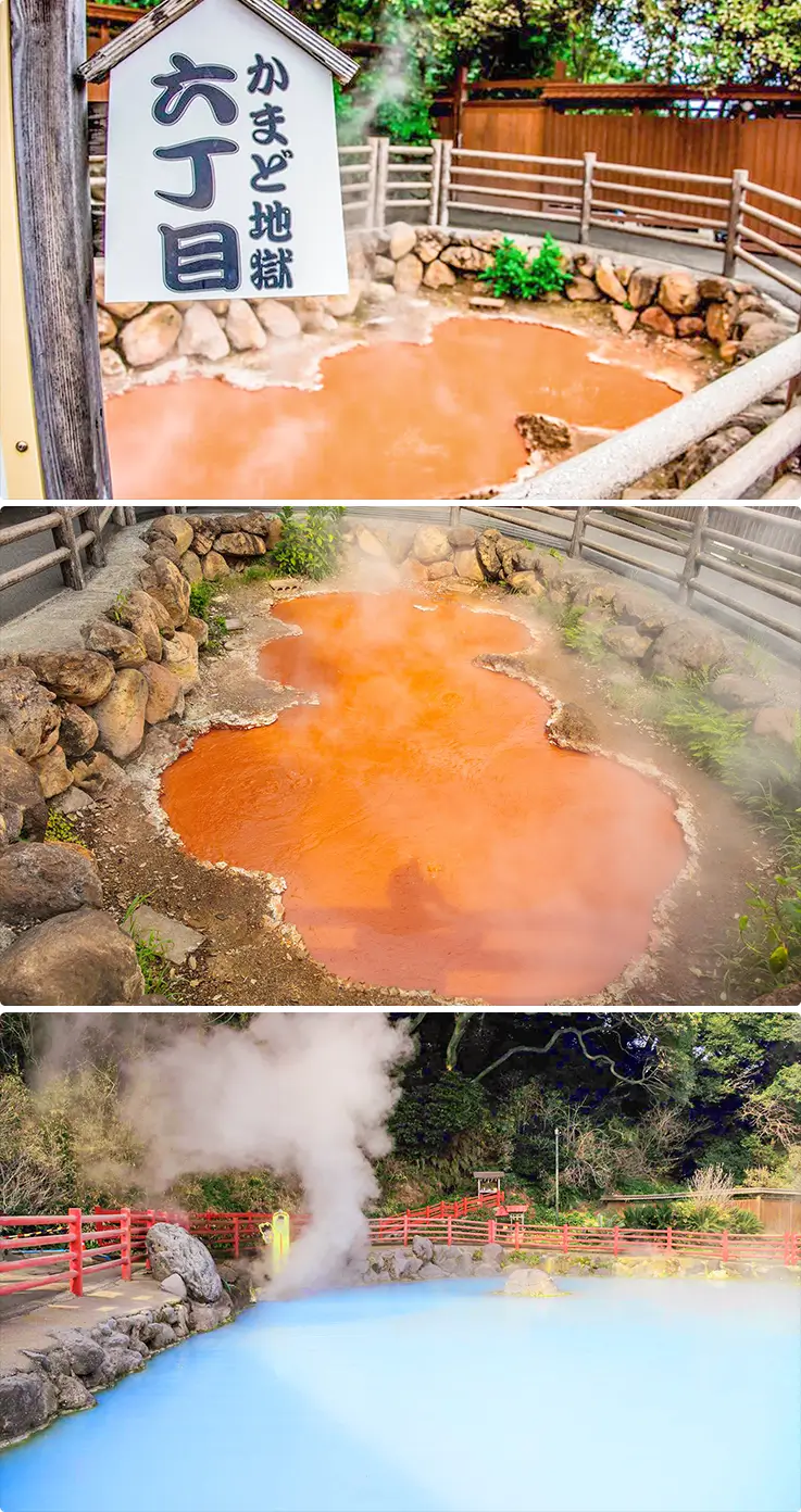 Stunning colorful steaming pools at Kamado Jigoku in Beppu