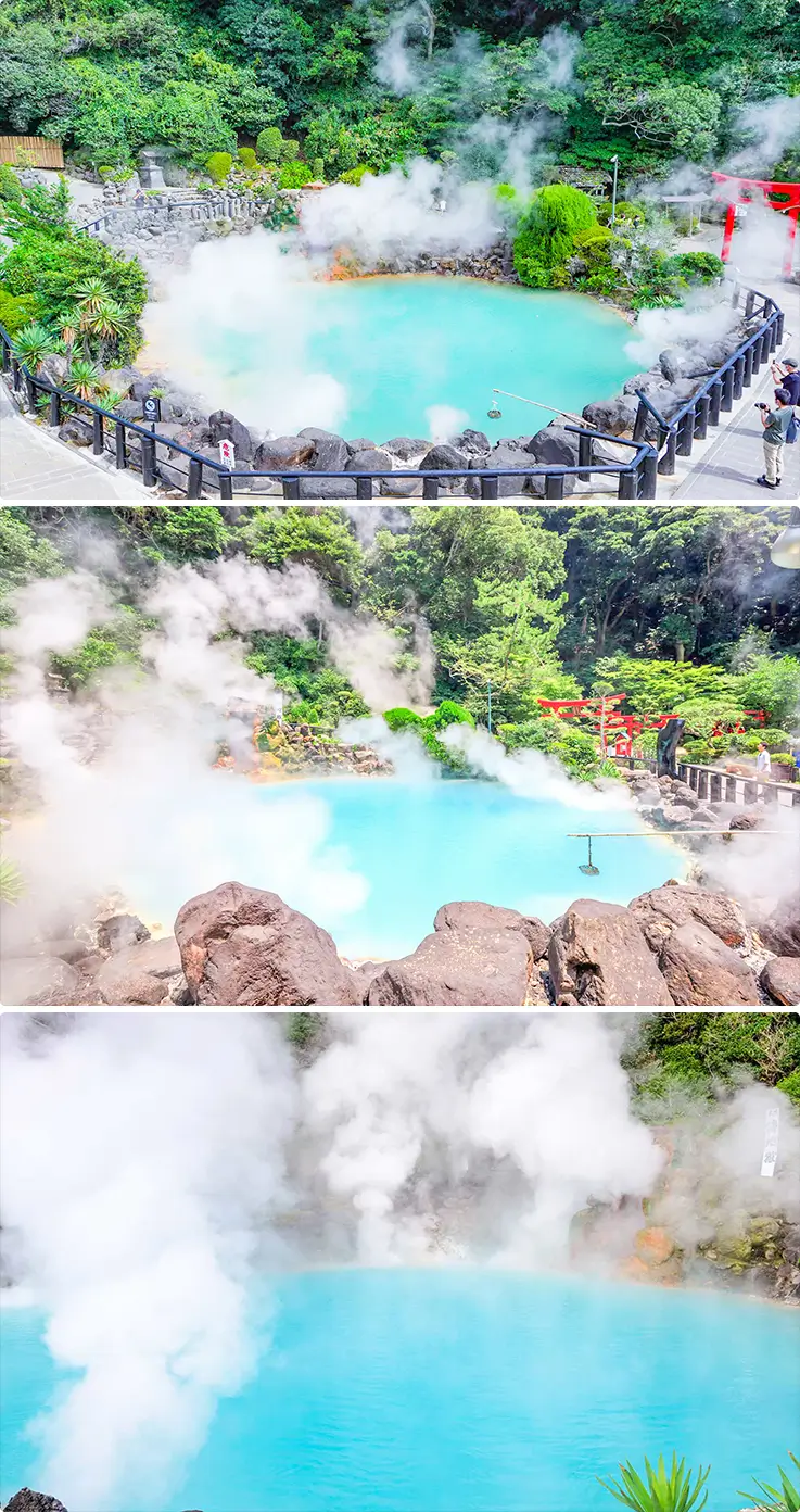 Beautiful steaming blue pools at Umi Jigoku in Beppu