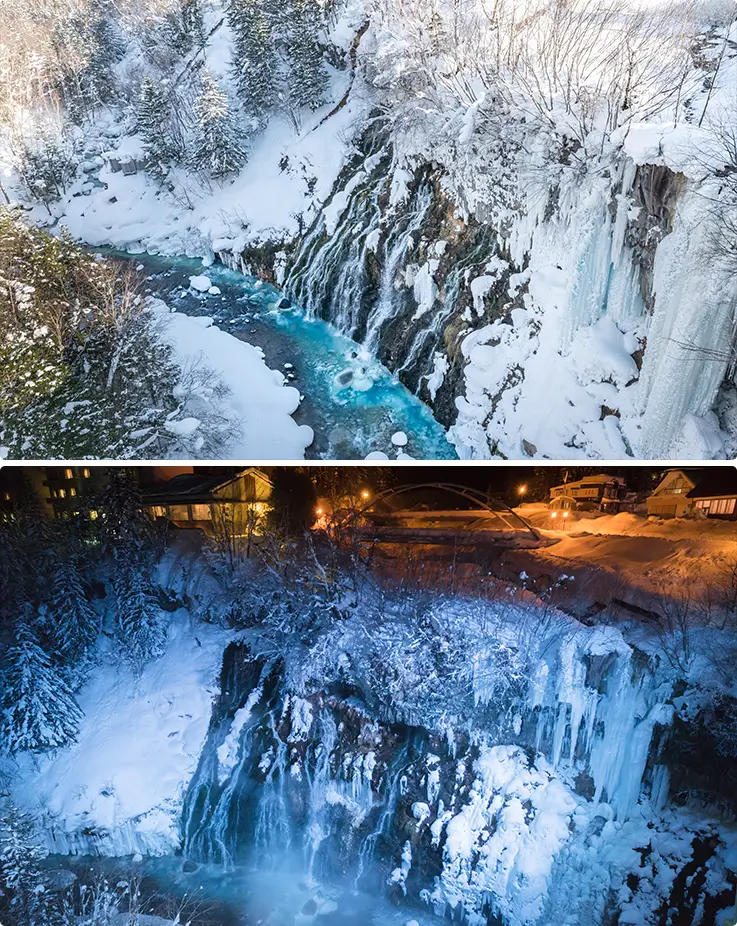 Stunning day and night landscapes of Shirahige Waterfall in Biei