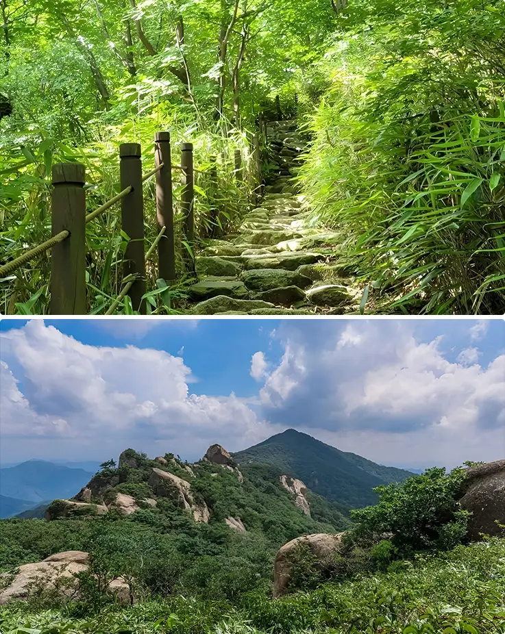 Hiking paths and dramatic granite peaks that can be enjoyed at Munjangdae Peak in Songnisan National Park in Sangju
