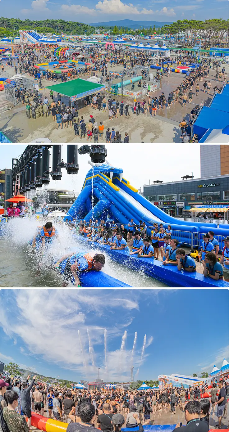 Giant water slides and splash zones thrilling crowds at the mud festival.