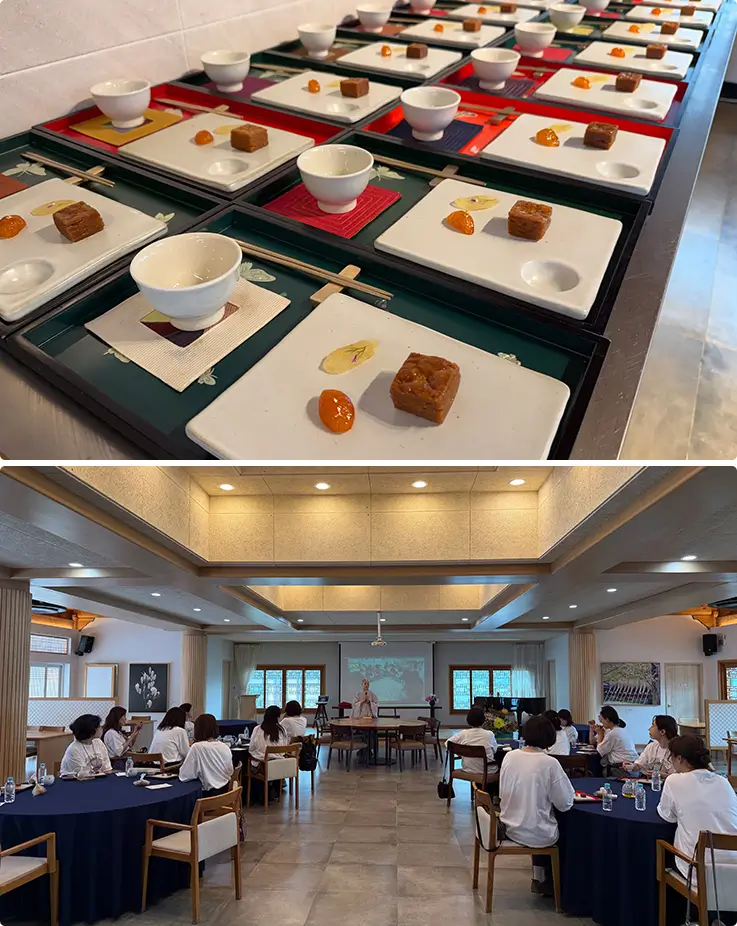 A traditional tea and dessert setting precedes a mindful temple dining experience.