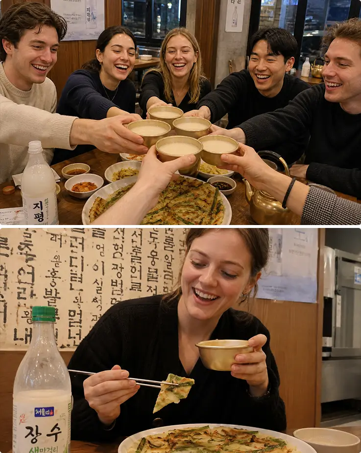 Travelers toasting cheerfully with makgeolli bowls over crispy pajeon at a traditional Korean restaurant.