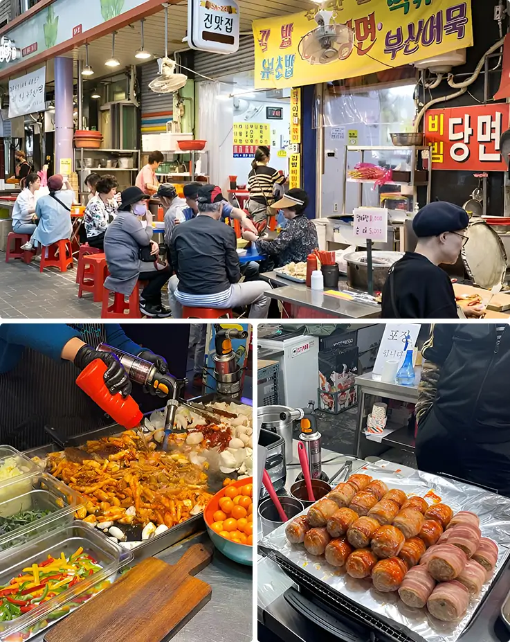 Bupyeong Kkangtong Market food stalls with sizzling stir-fried dishes and bacon-wrapped snacks.