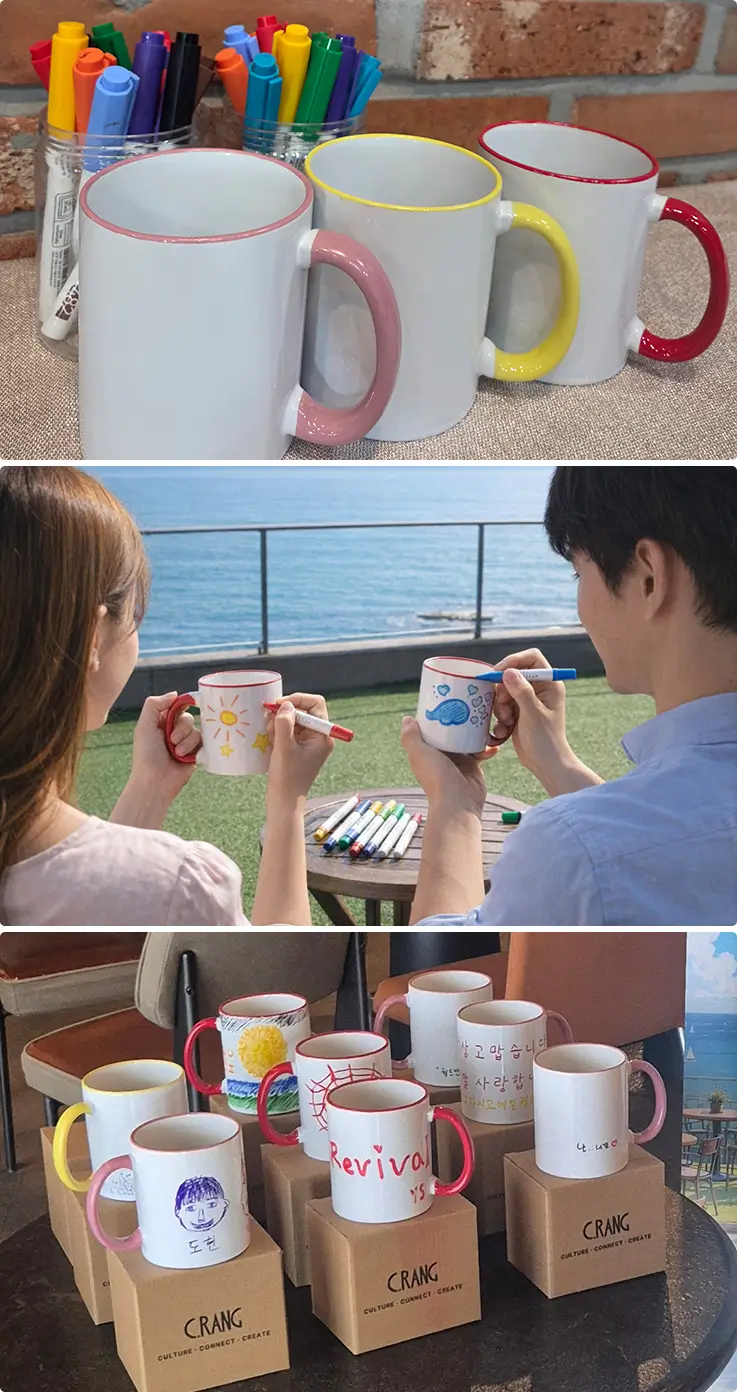 Personalize colorful ceramic mugs with pens while overlooking Busan's scenic coastal waters.