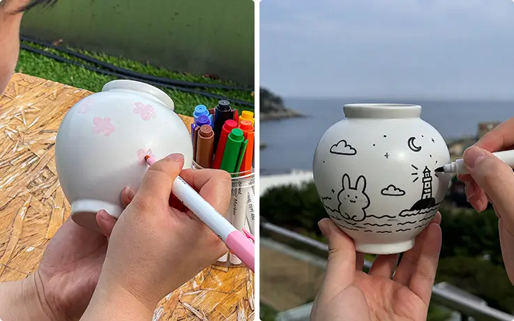 Paint whimsical designs like cherry blossoms and bunnies on traditional moon jars.