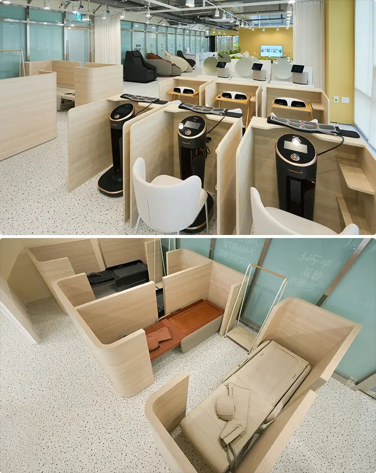 Private wellness bays featuring full-body therapeutic massage beds for ultimate relaxation.