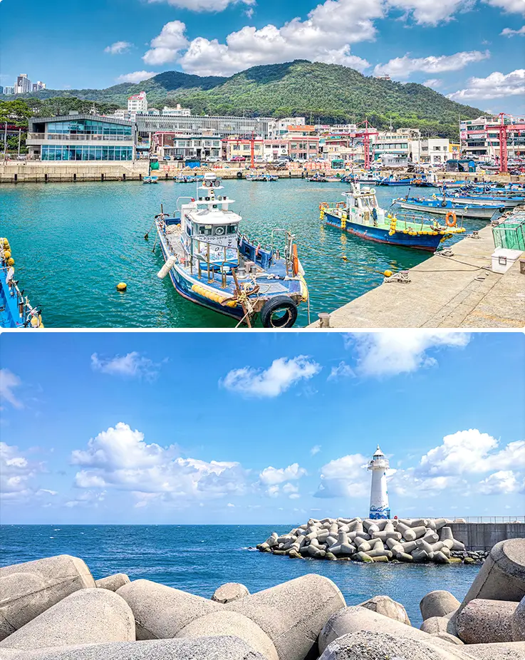 Cheongsapo fishing village harbor with colorful boats docked beside a white coastal lighthouse.