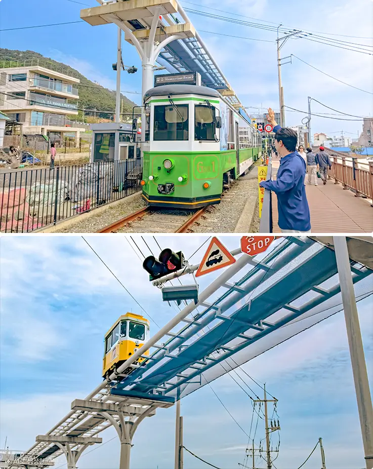 Cheongsapo's vintage green beach tram and yellow sky capsule gliding along the coastal rail.