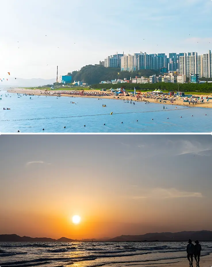 Dadaepo Beach coastline view by day and glowing sunset over the water.