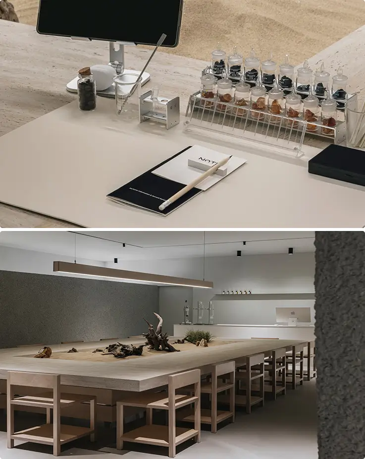 Private fragrance-blending station and spacious studio table for hands-on crafting