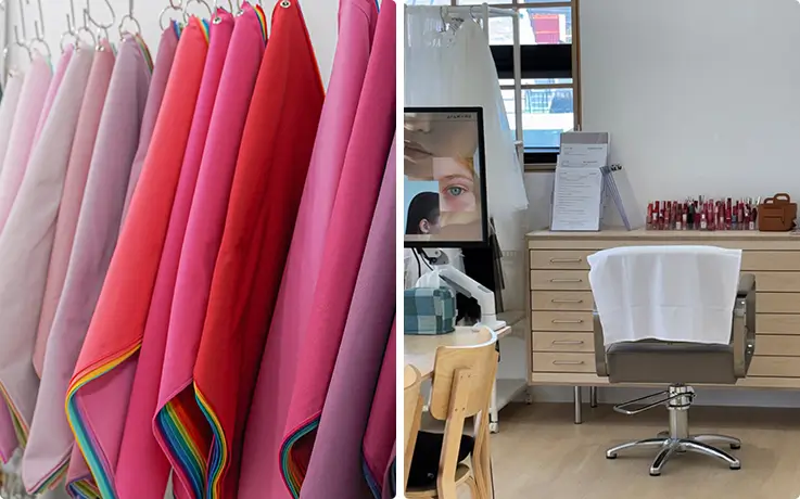 Colorful draping fabric swatches beside a personal color diagnosis consultation desk setup.