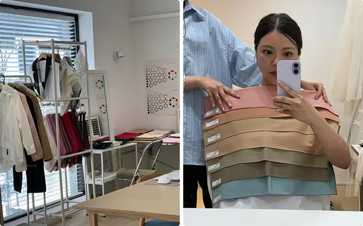 Styled clothing rack and color palette guide beside a fabric draping session.