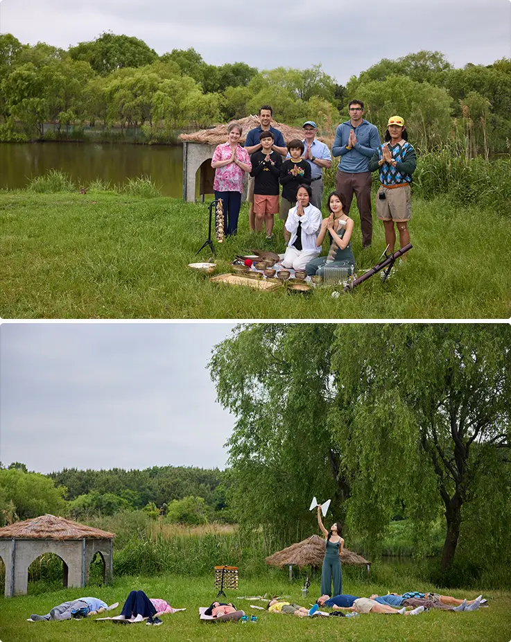 Group wellness session combining riverside sound healing ceremony and open-air relaxation on yoga mats.