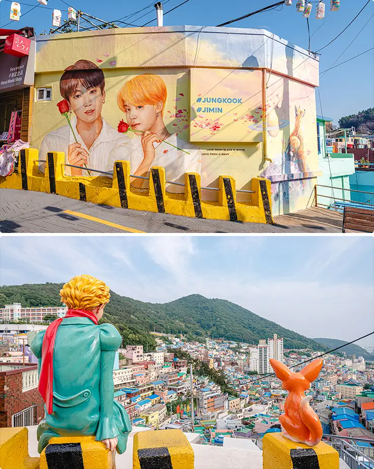 BTS Jimin and Jungkook fan murals and Little Prince sculpture at Gamcheon Culture Village.