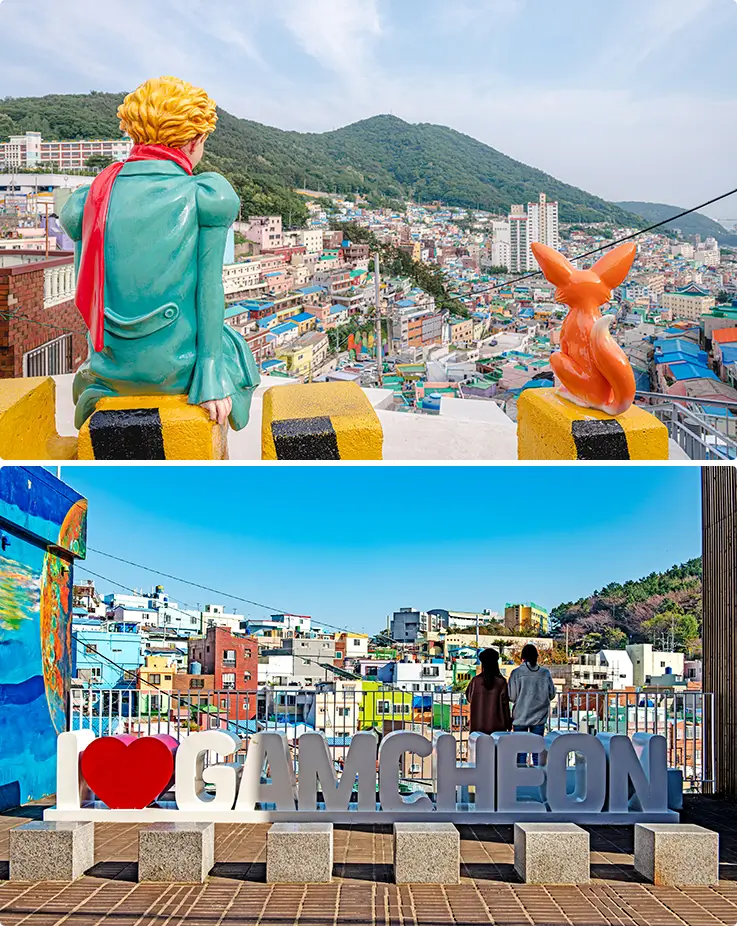 Gamcheon Culture Village Little Prince statue overlooking colorful hillside houses and viewpoint.