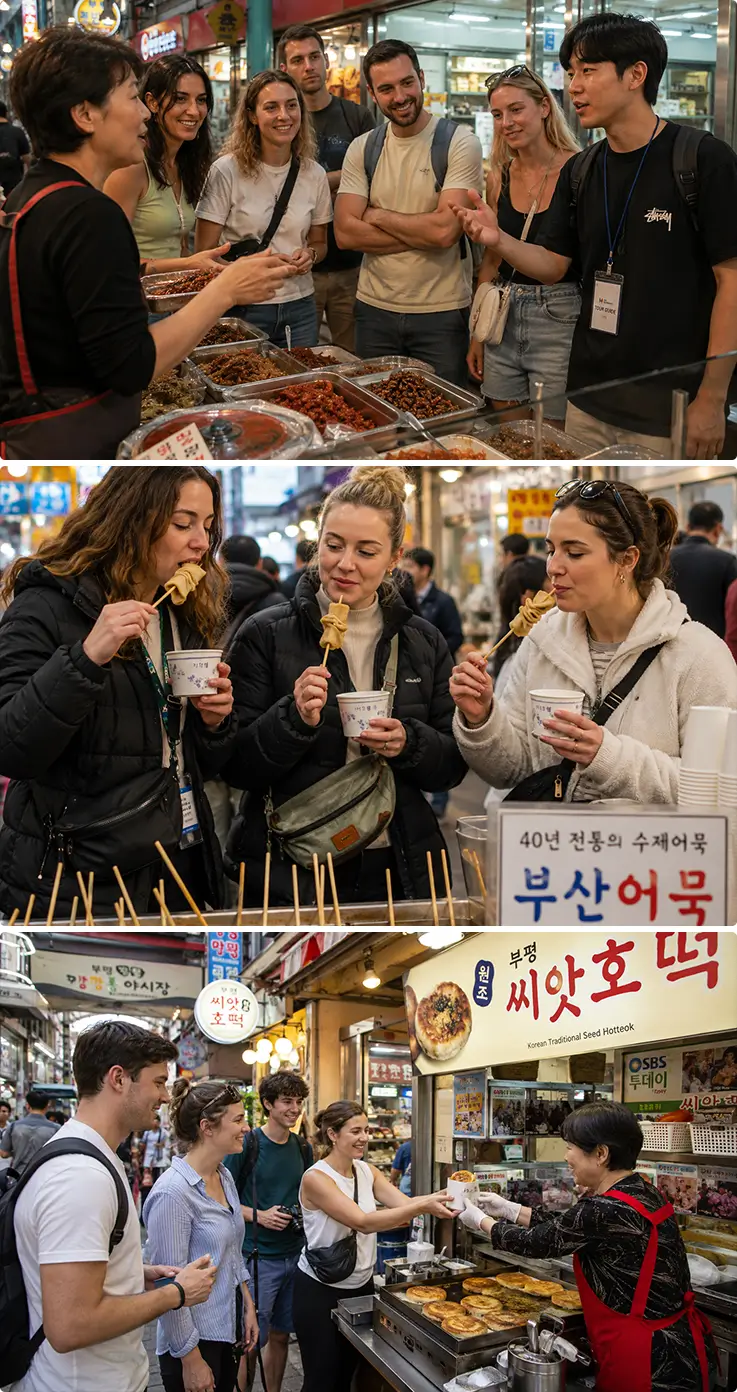 Busan market walking tour group sampling savory street foods and crispy hotteok.