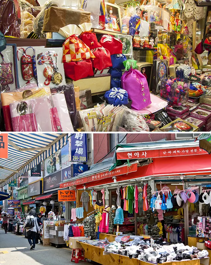 Gukje Market stalls packed with traditional Korean souvenirs, colorful clothing, and everyday local goods.
