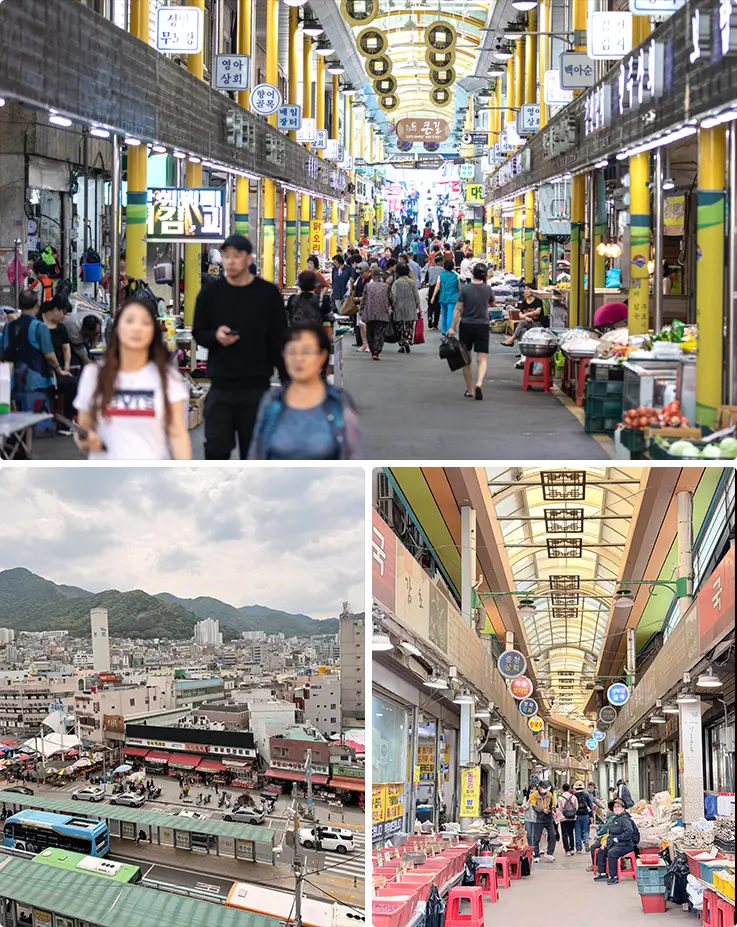 Bustling covered aisles of Busan's beloved Gupo Market with local vendors.