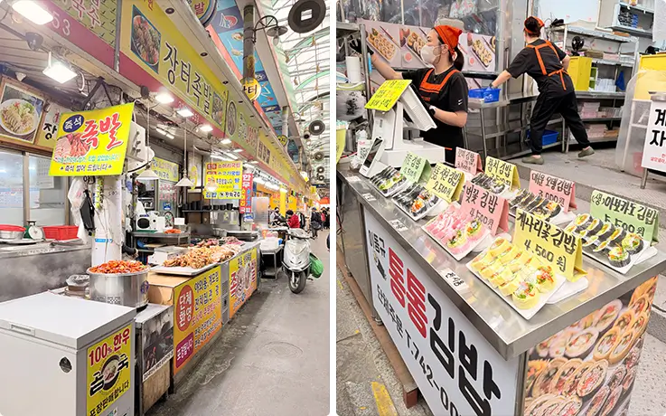 Fresh gimbap and hot Korean street food stalls inside Gupo Market.