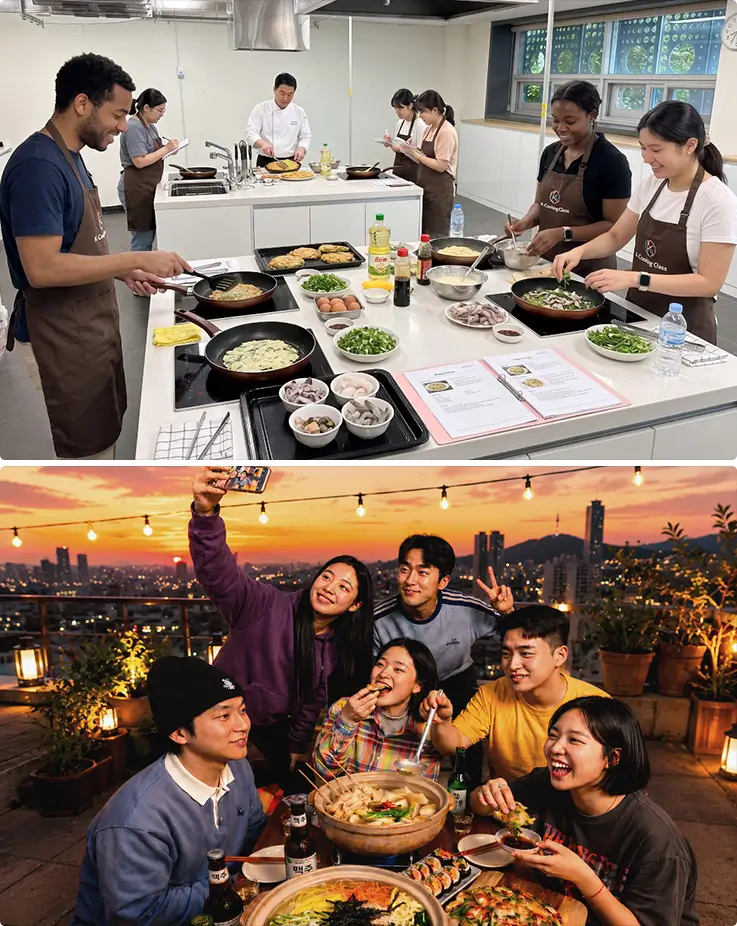 Hands-on Korean cooking class followed by a rooftop dinner with city views.