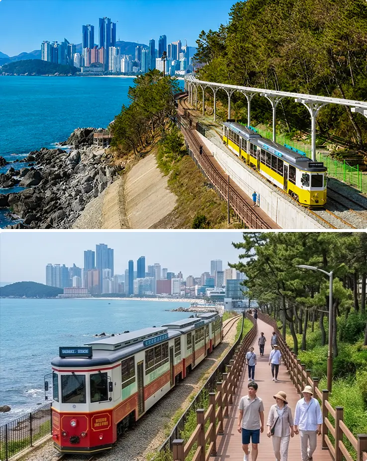 Scenic beach train ride along Haeundae Blueline Park's coastal tracks.