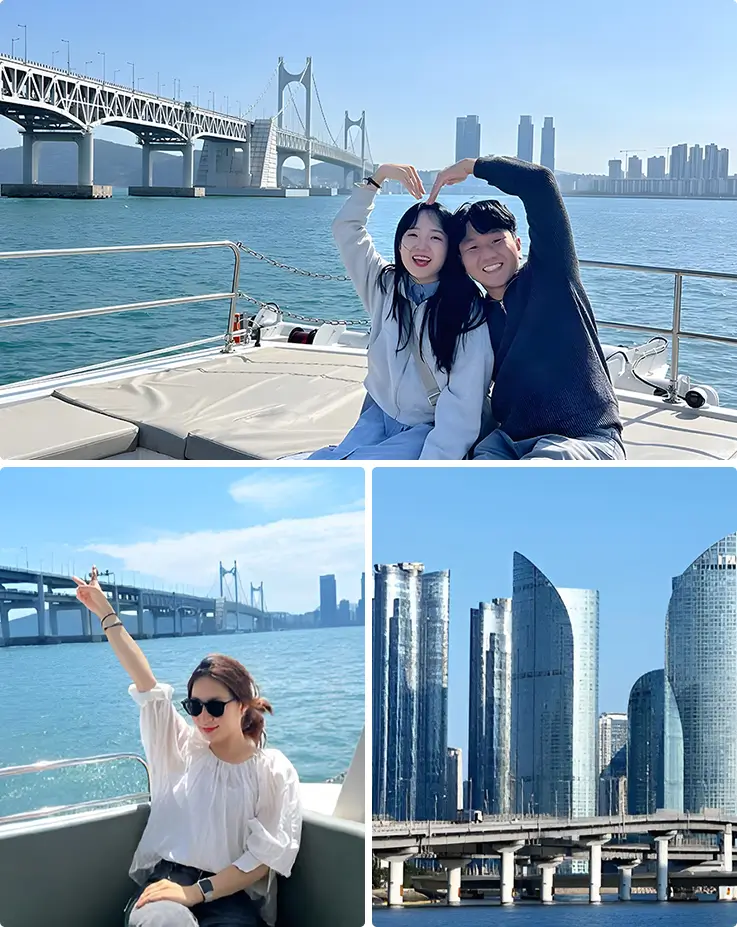 Friends pose playfully aboard yacht under bright skies near Marine City's skyscrapers.