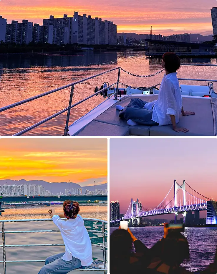Golden sunset paints the sky as guests relax aboard the yacht deck.