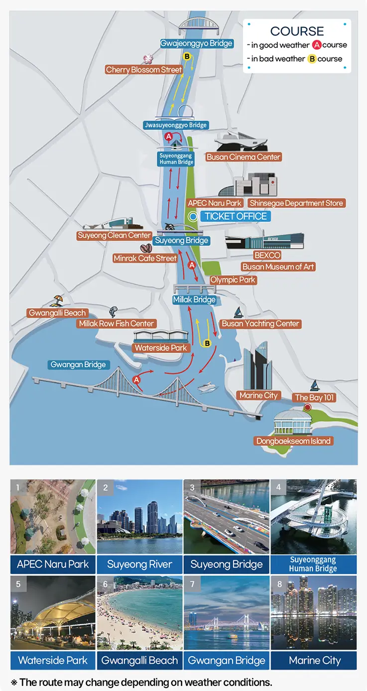 Interactive map highlighting scenic bridges, parks, and landmarks along the cruise course.