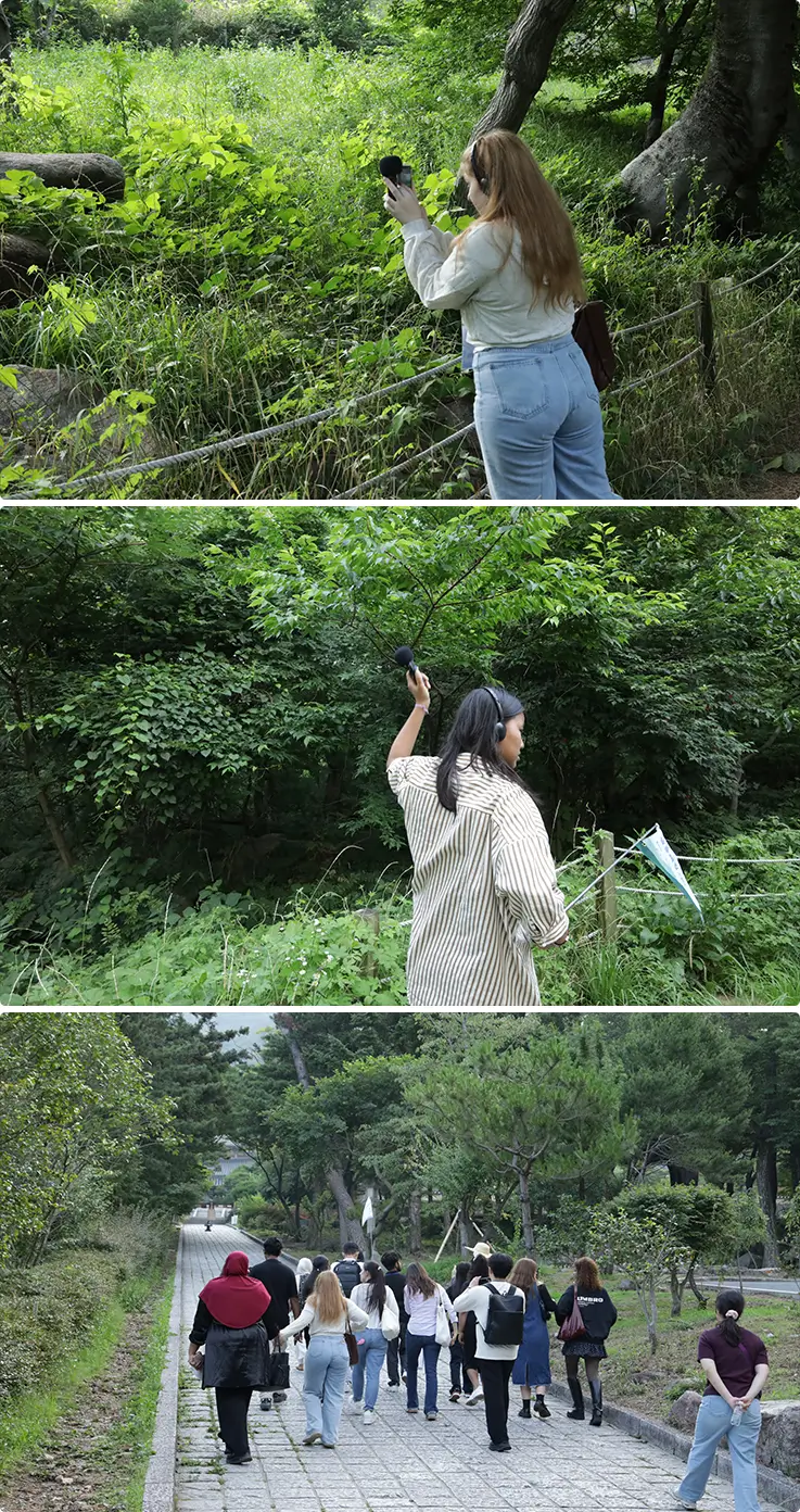 Participants recording forest sounds and trekking together along a lush green trail.